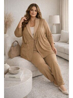 Alabama Chanin Womens Organic Cotton Lounge Set XXL Tan Quiet Luxury Sweatsuit